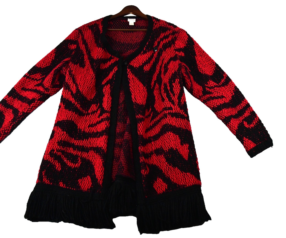 Chicos Cardigan Womens 1 (US 8) Red Black Fringe Sweater Top Button Close